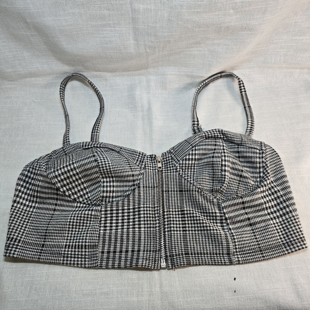 Haute‎ Monde Mini Crop Top Bartlett Black White Plaid Front Zipper  Size Large